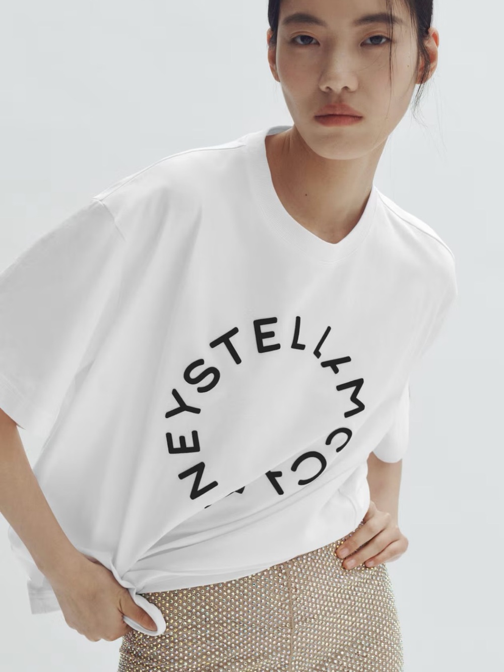 Stella McCartney White Tee with Black Circular Logo - XL